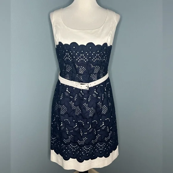 antonio melani blue and white dress Antonio Melani White Blue Floral Smocked Bodice Off the Shoulder Dress-  Size 14 main image 1